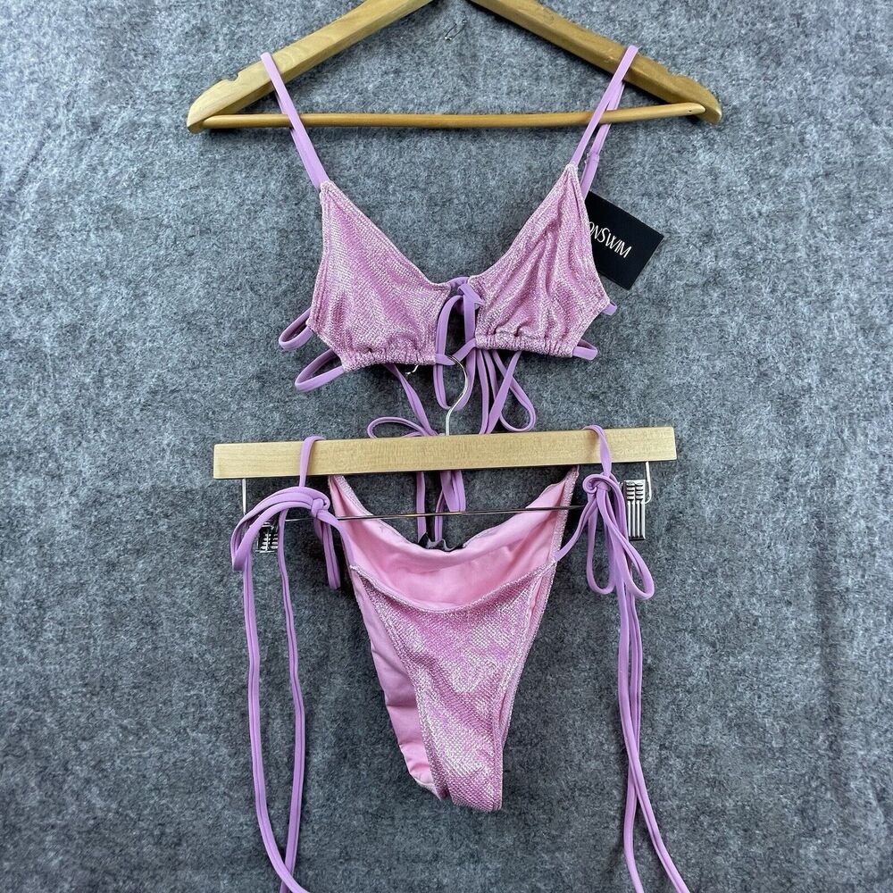 Iconswim Bikini Womens Small Ties and Lows Pink Sparkle Side Tie Double Back Tie